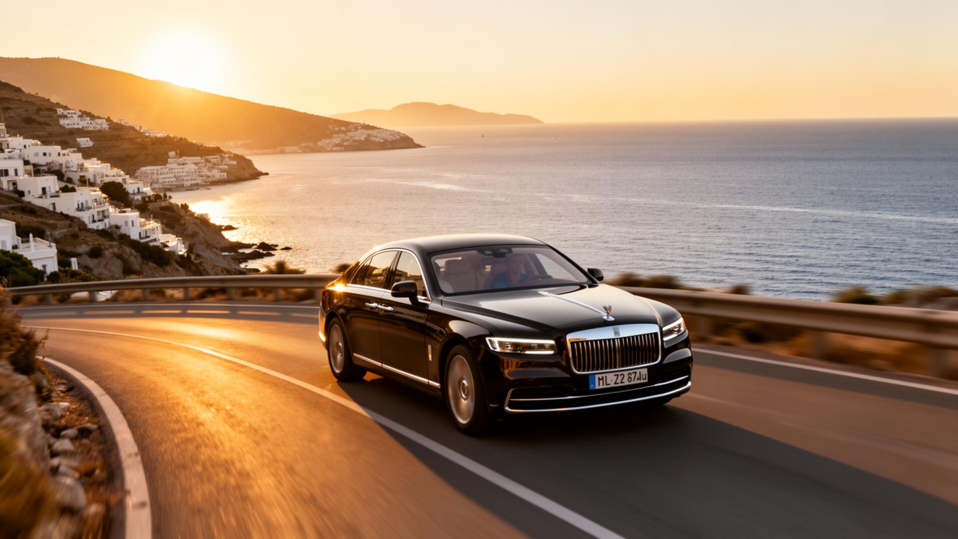 Luxury rental car on a Greek coastal road